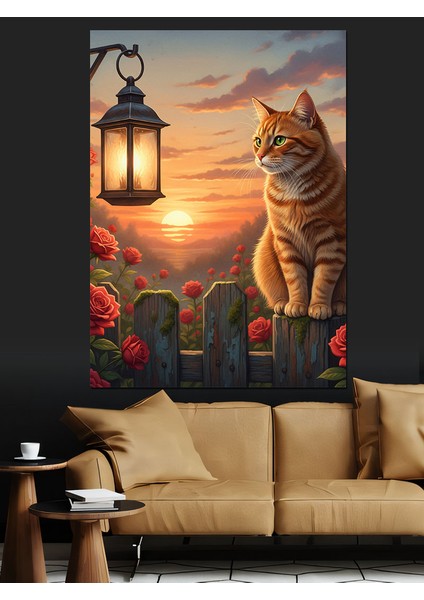 Kedi Fener Işığında Oturuyor Dekoratif Kanvas - Mdf Ahşap Tablo