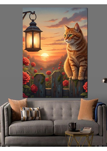 Kedi Fener Işığında Oturuyor Dekoratif Kanvas - Mdf Ahşap Tablo fiyatları