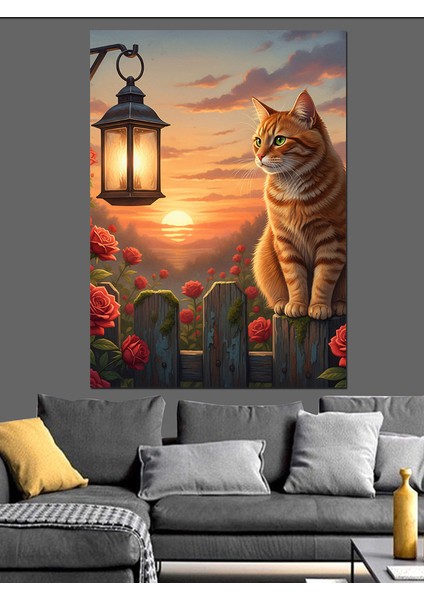 Kedi Fener Işığında Oturuyor Dekoratif Kanvas - Mdf Ahşap Tablo modelleri
