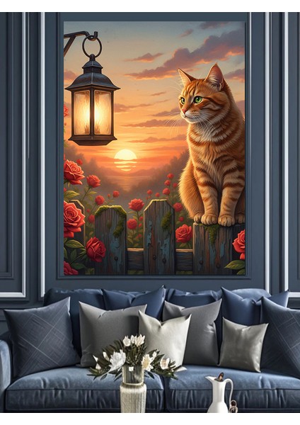 Kedi Fener Işığında Oturuyor Dekoratif Kanvas - Mdf Ahşap Tablo fırsatları