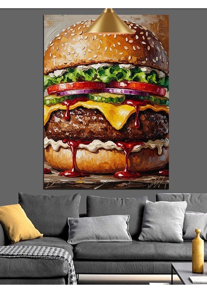Büyük Hamburger Yiyecek Resmi Dekoratif Kanvas - Mdf Ahşap Tablo