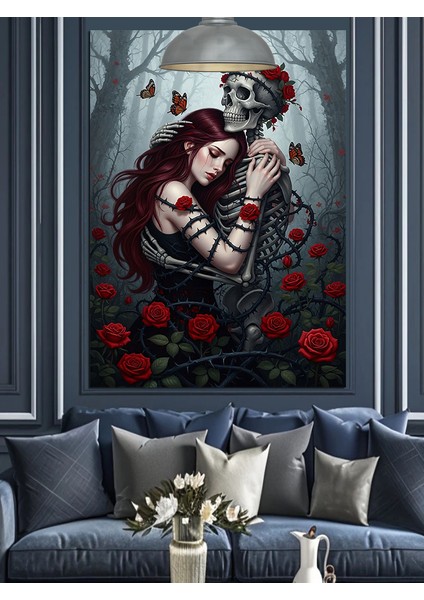 Kırmızı Güller Içinde Kadına Sarılmış Iskelet Dekoratif Kanvas - Mdf Ahşap Tablo