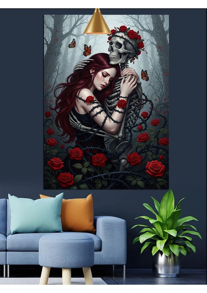 Kırmızı Güller Içinde Kadına Sarılmış Iskelet Dekoratif Kanvas - Mdf Ahşap Tablo modelleri