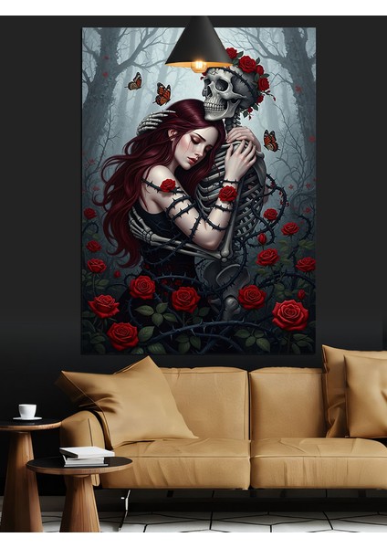 Kırmızı Güller Içinde Kadına Sarılmış Iskelet Dekoratif Kanvas - Mdf Ahşap Tablo fırsatları