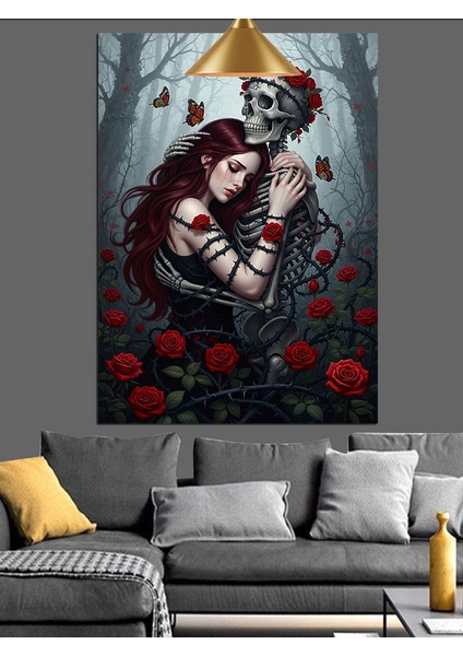Kırmızı Güller Içinde Kadına Sarılmış Iskelet Dekoratif Kanvas - Mdf Ahşap Tablo indirimleri