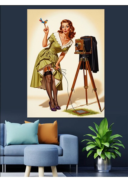 Vintage Fotoğrafçı Kadın Kamera Dekoratif Kanvas - Mdf Ahşap Tablo