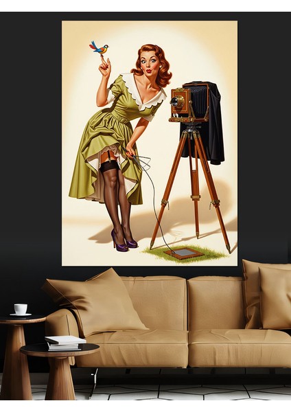 Vintage Fotoğrafçı Kadın Kamera Dekoratif Kanvas - Mdf Ahşap Tablo fiyatları