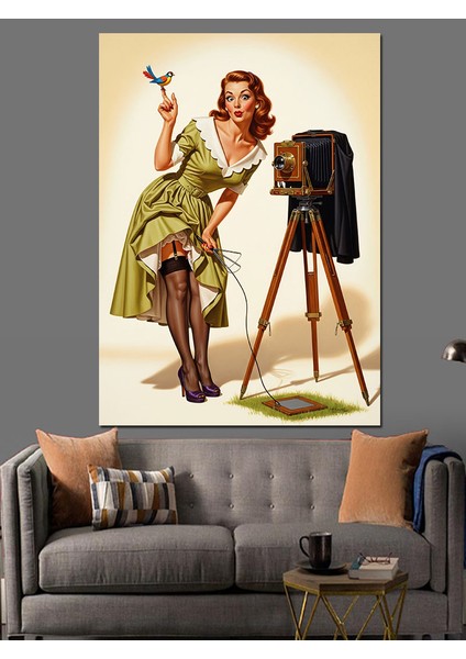 Vintage Fotoğrafçı Kadın Kamera Dekoratif Kanvas - Mdf Ahşap Tablo modelleri