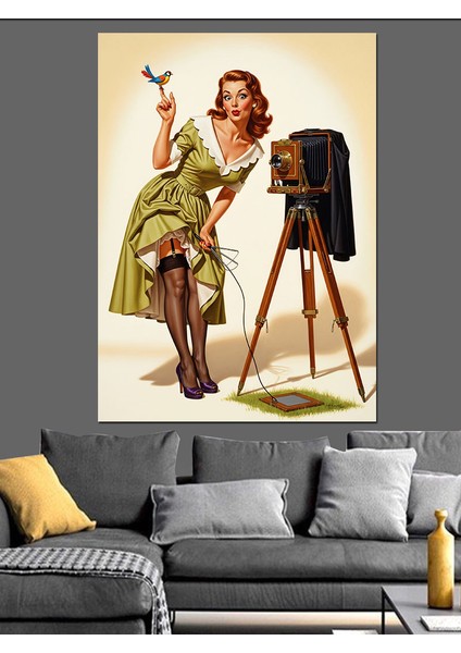 Vintage Fotoğrafçı Kadın Kamera Dekoratif Kanvas - Mdf Ahşap Tablo fırsatları