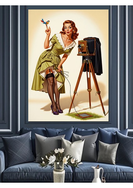Vintage Fotoğrafçı Kadın Kamera Dekoratif Kanvas - Mdf Ahşap Tablo indirimleri