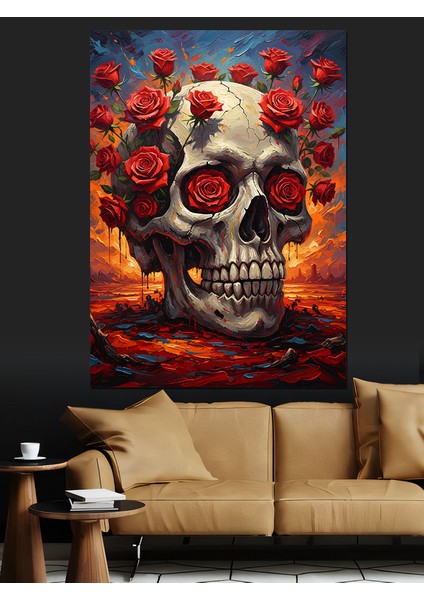 Güllü Kurukafa Gotik Sanat Dekoratif Kanvas - Mdf Ahşap Tablo