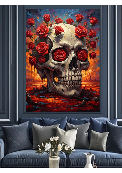 Güllü Kurukafa Gotik Sanat Dekoratif Kanvas - Mdf Ahşap Tablo fırsatları