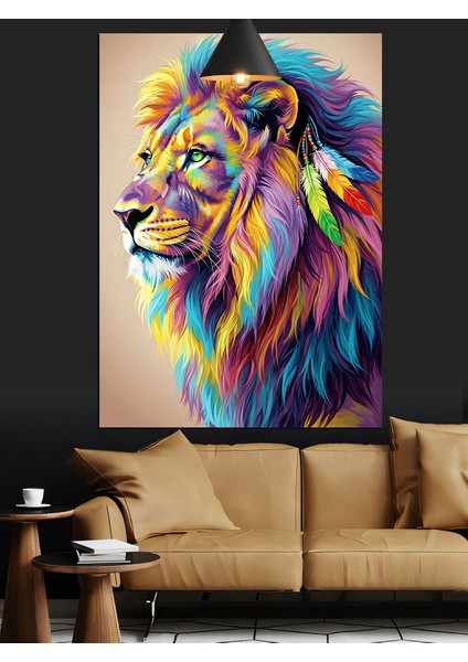 Çok Renkli Aslan Portresi Dekoratif Kanvas - Mdf Ahşap Tablo fiyatları
