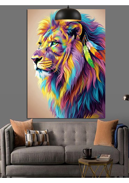 Çok Renkli Aslan Portresi Dekoratif Kanvas - Mdf Ahşap Tablo indirimleri