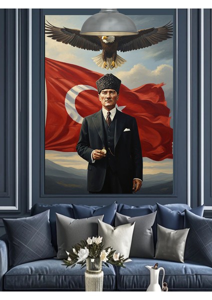 Dalgalanan Bayrak Atatürk ve Gökteki Kartal Dekoratif Kanvas - Mdf Ahşap Tablo