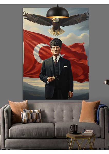 Dalgalanan Bayrak Atatürk ve Gökteki Kartal Dekoratif Kanvas - Mdf Ahşap Tablo fiyatları