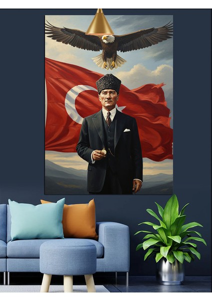 Dalgalanan Bayrak Atatürk ve Gökteki Kartal Dekoratif Kanvas - Mdf Ahşap Tablo modelleri