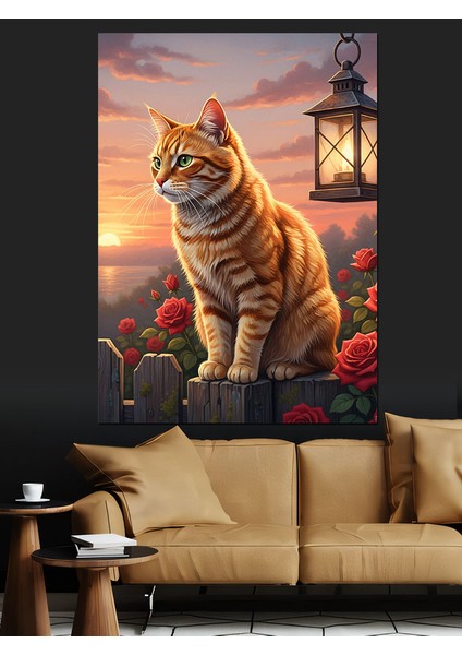 Gün Batımı Kedi Oturuyor Dekoratif Kanvas - Mdf Ahşap Tablo