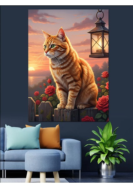 Gün Batımı Kedi Oturuyor Dekoratif Kanvas - Mdf Ahşap Tablo indirimleri