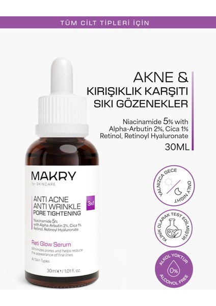 Akne Karşıtı, Çizgi Azaltıcı ve Gözenek Görünümünü Azaltıcı Cilt Bakım Serumu 30 ml (Retinol, Arbutin)