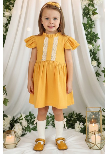 Kız Bebek Laila Dantel Detay Hardal Şile Bezi Elbise Bandana Takım