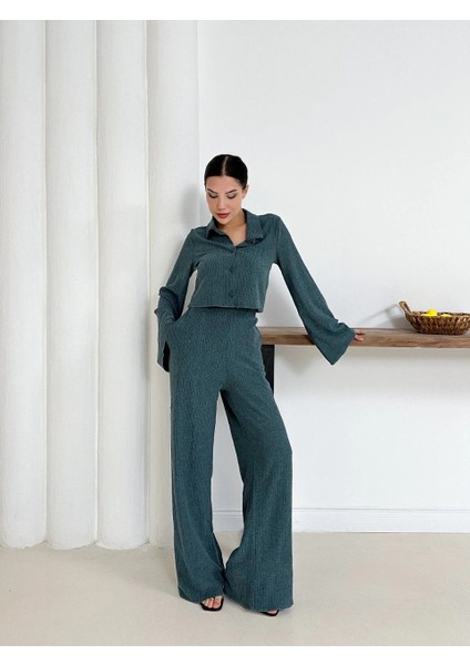 Gömlek Yaka Kaplama Düğmeli Takım Petrol Yeşili