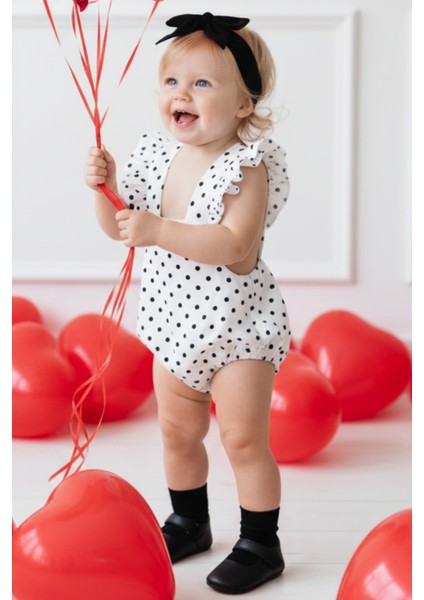 Kız Bebek Bliss Pamuklu Puantiyeli Salopet Bandana Takım