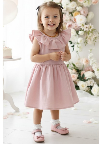 Kız Bebek Pudra Cherry Fiyonklu Fırfırlı Elbise Toka Takım fırsatları