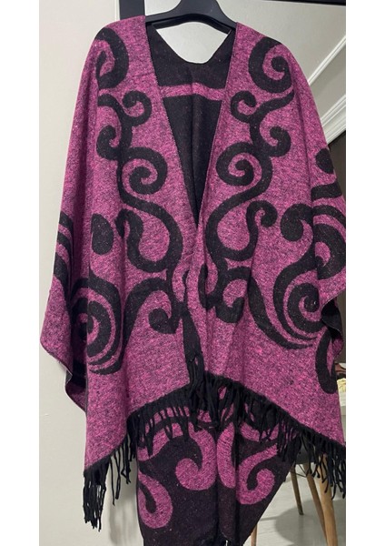 Pembe Kadın Çift Taraflı Kışlık Panço Şal – Kalın Dokuma Omuz Şalı, Salaş ve Şık Tasarım fiyatları