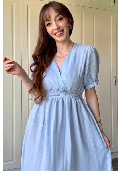 Müslin Kumaş Kısa Kol Midi Mavi Elbise