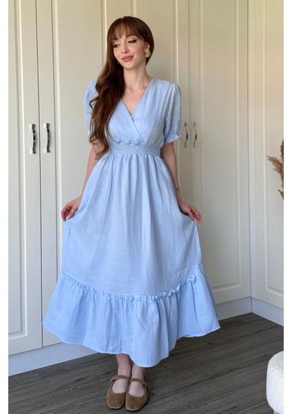 Müslin Kumaş Kısa Kol Midi Mavi Elbise
