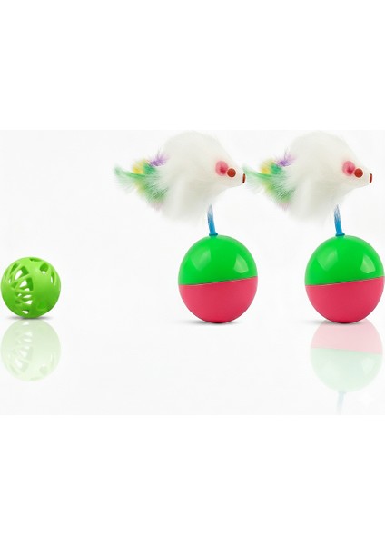 Hacıyatmaz Oyuncağı Seti - Tüylü Fare Denge Topu + Hediye Zilli Top - Eğlenceli Kedi Oyuncağı