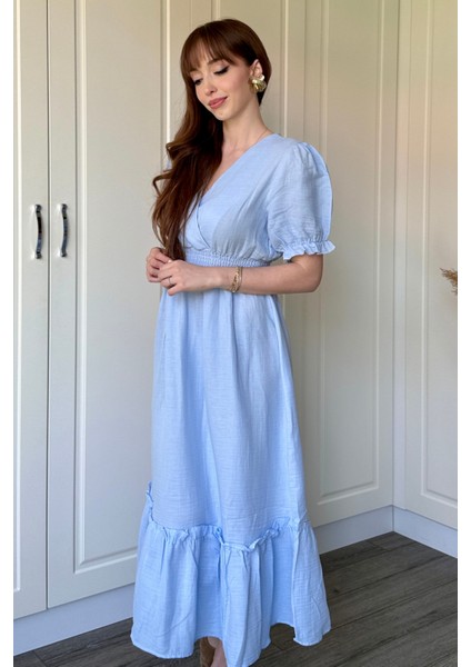Müslin Kumaş Kısa Kol Midi Mavi Elbise fiyatları
