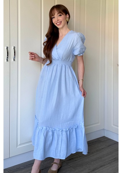 Müslin Kumaş Kısa Kol Midi Mavi Elbise fırsatları