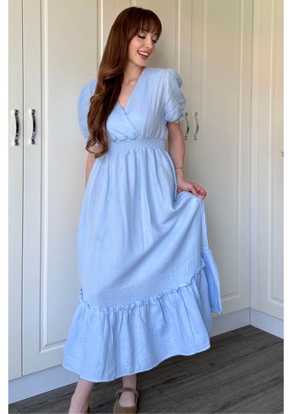 Müslin Kumaş Kısa Kol Midi Mavi Elbise
