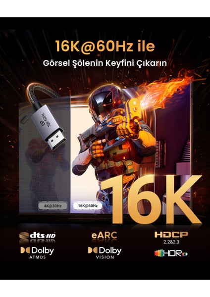 Displayport 16K@60Hz Male To Male Örgülü Kablo 2m, 55568 modelleri
