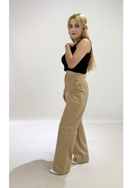 Yüksek Bel Cepli Poliviskon Palazzo Pantolon – Şık Düğme ve Apolet Detaylı Kadın Pantolon