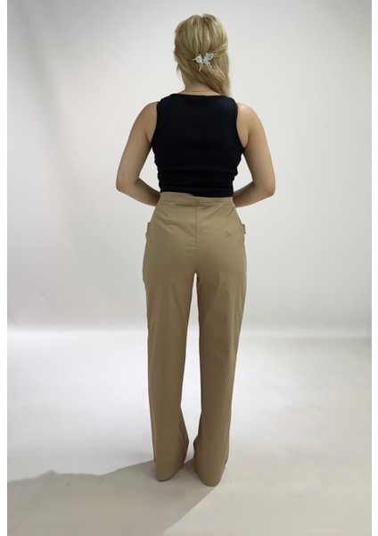 Yüksek Bel Cepli Poliviskon Palazzo Pantolon – Şık Düğme ve Apolet Detaylı Kadın Pantolon modelleri