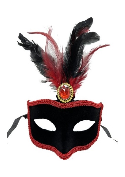 Kırmızı Tüylü Siyah Süet Kaplama Parti Maskesi modelleri
