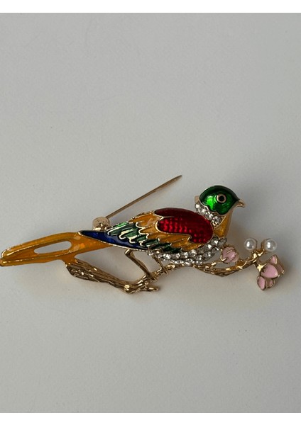 Renkli Kuş Figürlü ve Pembe Çiçekli Taşlı Gold Broş