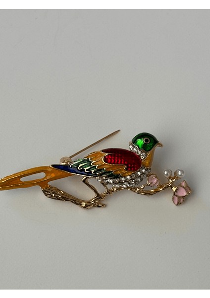 Renkli Kuş Figürlü ve Pembe Çiçekli Taşlı Gold Broş modelleri