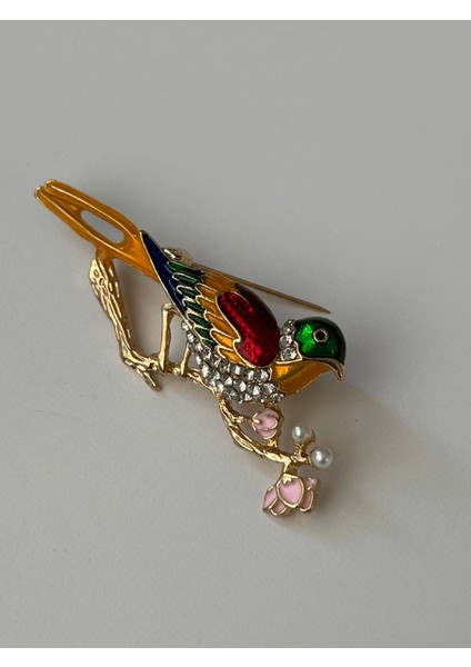 Renkli Kuş Figürlü ve Pembe Çiçekli Taşlı Gold Broş fırsatları