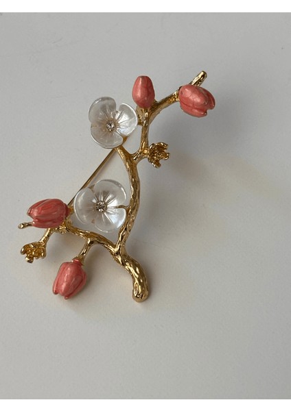 Pembe ve Beyaz Sakura Çiçekli Gold Broş