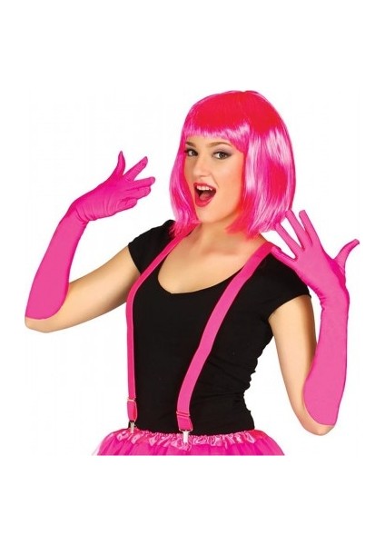 Fuşya Renk Saten Uzun Eldiven ve Küt Parti Peruğu fiyatları