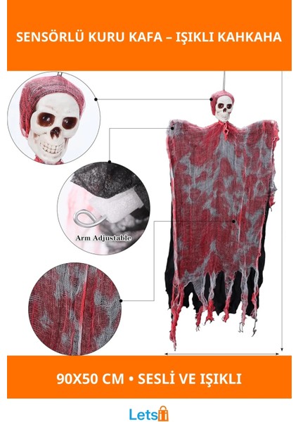 LED Işıklı Kahkaha Atan Sesli Sensörlü Kuru Kafa