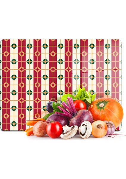 Cam Kesme Tahtası ve Sunumluk Kırmızı Beyaz Geometrik Desenli 30X40 cm