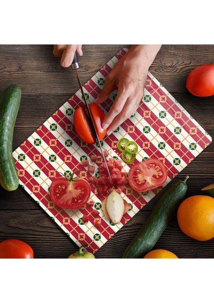 Cam Kesme Tahtası ve Sunumluk Kırmızı Beyaz Geometrik Desenli 30X40 cm fırsatları