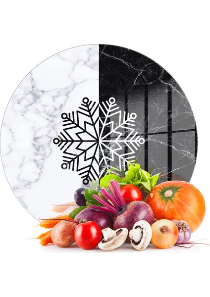 Cam Kesme Tahtası ve Sunumluk Yuvarlak Siyah Beyaz Mermer Kar Tanesi Desenli 30X30 cm