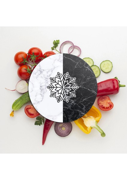 Cam Kesme Tahtası ve Sunumluk Yuvarlak Siyah Beyaz Mermer Kar Tanesi Desenli 30X30 cm modelleri