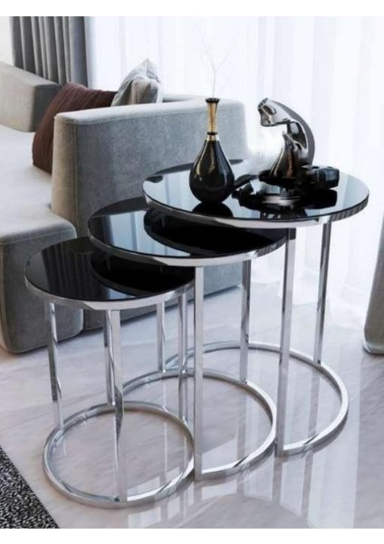 C Zigon Gümüş Sehpa Siyah Aynalı